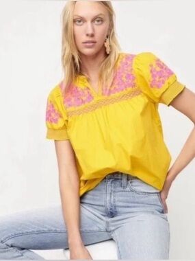 J. Crew Embroidered Cotton Poplin
Puff-Sleeve Top Sz M in Golden Sun